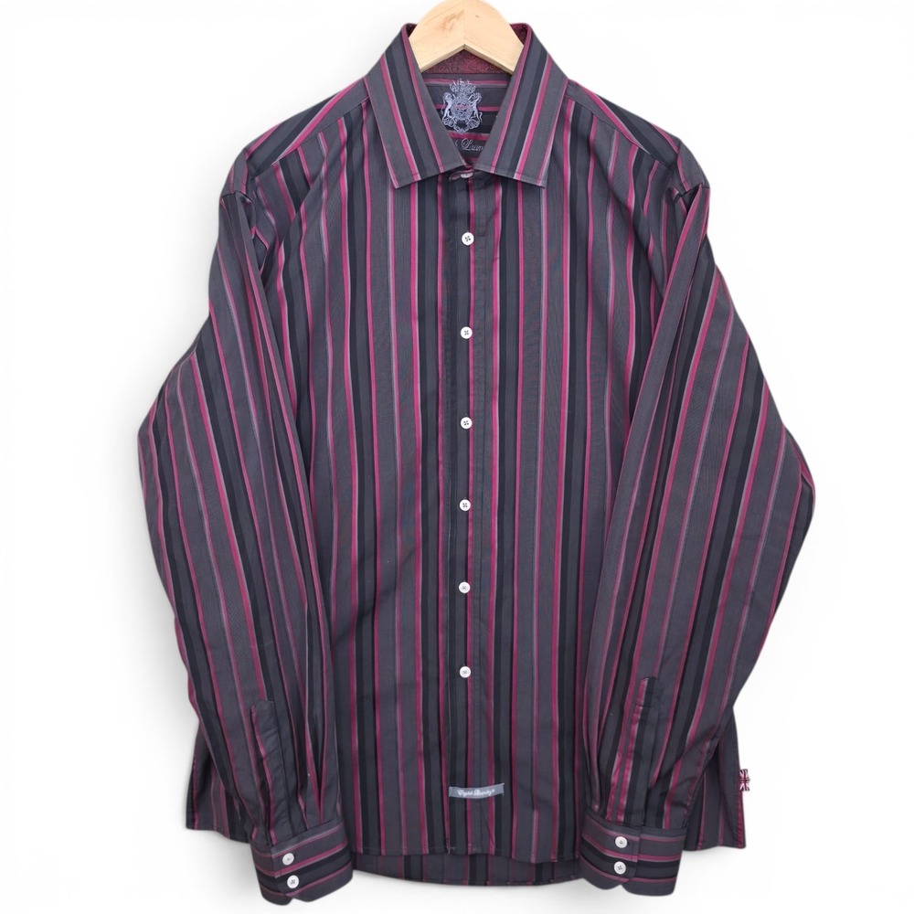 English Laundry Shirt Mens 17 36/37 Gray Burgundy Striped Contrast Cuff Paisley